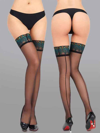 Sexy Peacock Lace Trim Thigh High Stockings