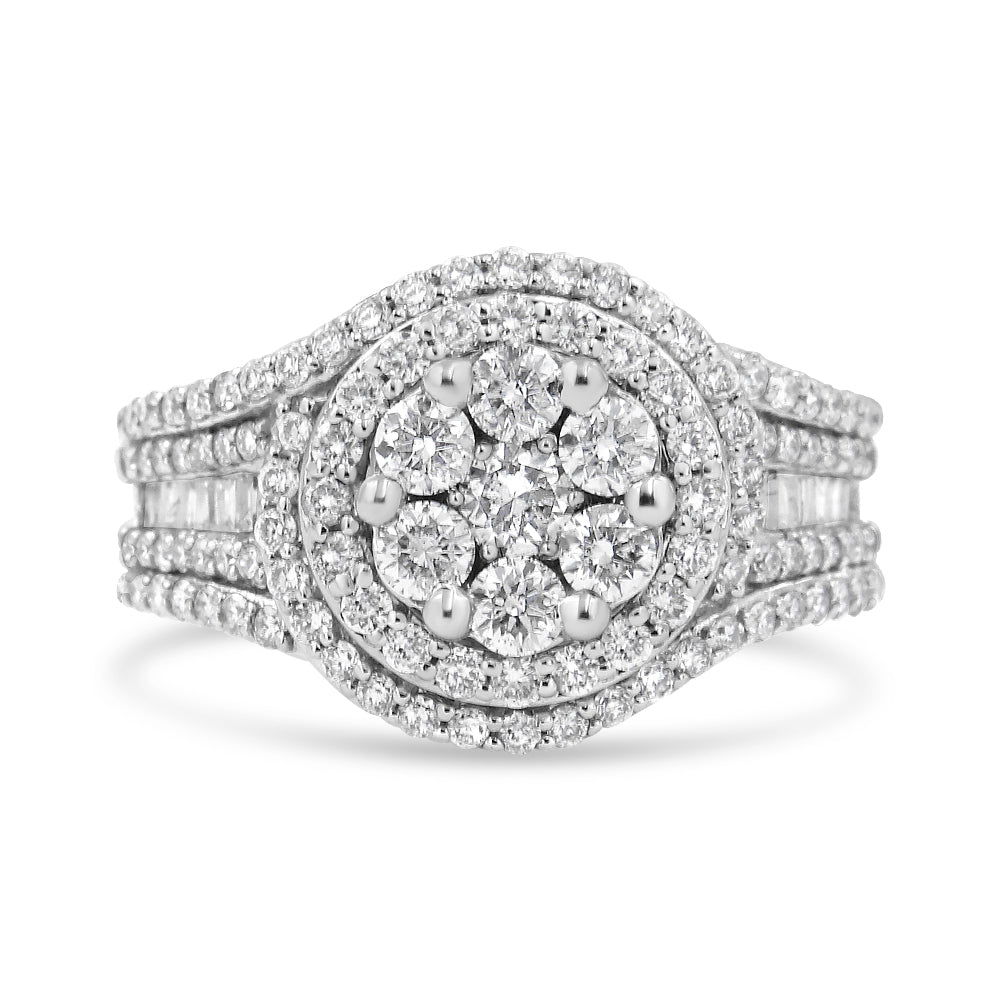 14K White Gold 1 1/2 Cttw Diamond Floral Cluster and Studded Shank Halo Ring (H-I Color, SI2-I1 Clarity) - Ring Size 7 by Bids.com