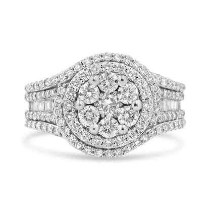 14K White Gold 1 1/2 Cttw Diamond Floral Cluster and Studded Shank Halo Ring (H-I Color, SI2-I1 Clarity) - Ring Size 7 