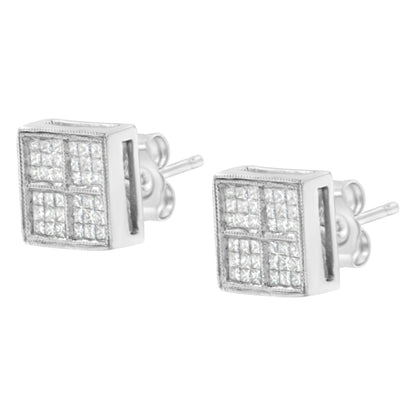 14K White Gold 1/2 Cttw Princess Diamond Composite Box Shape Milgrain Stud Earrings (H-I Color, SI1-SI2 Clarity) by Bids.com
