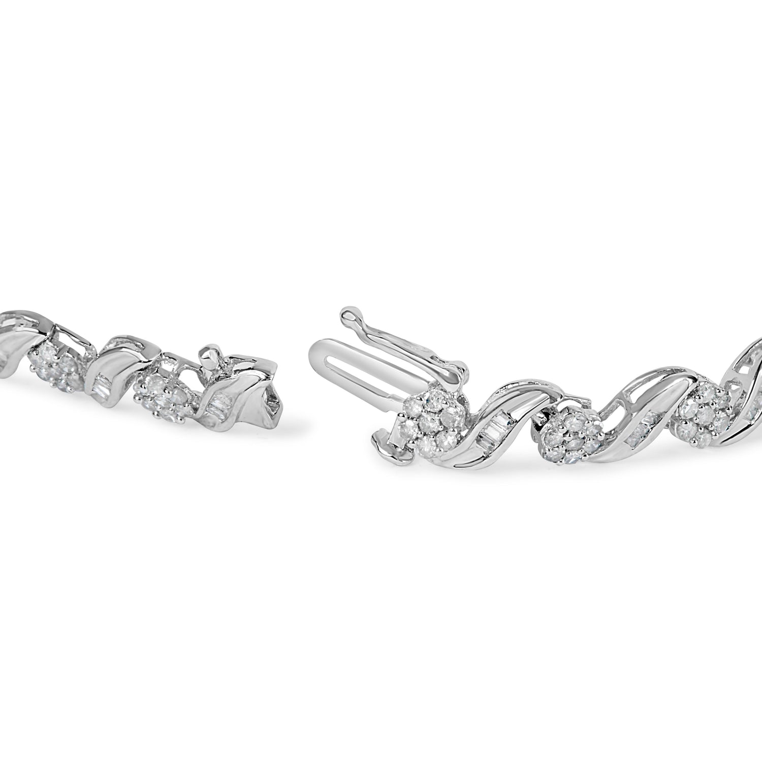 10K White Gold 2.00 Cttw Round-Cut and Baguette-Cut Diamond Floral Design Swirl Link 7" Bracelet (I-J Color, I1-I2 Clarity) by Bids.com