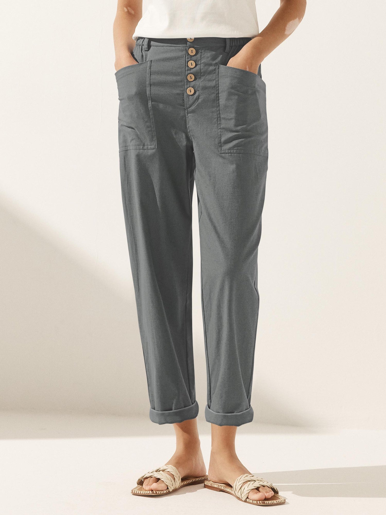 Linen Simple Button Fly Trousers HEIDI by LINTICO