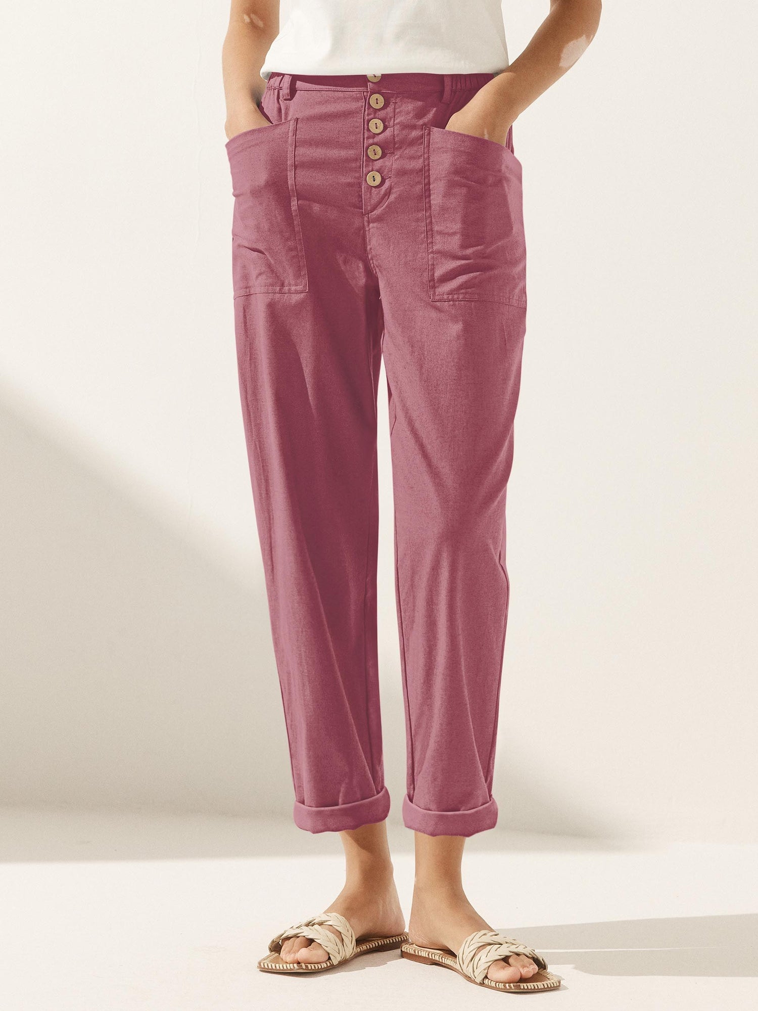 Linen Simple Button Fly Trousers HEIDI by LINTICO