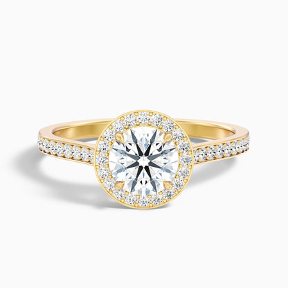 Jessy 5 Carat Round Halo Pave Moissanite Engagement Ring in 18k Yellow Gold