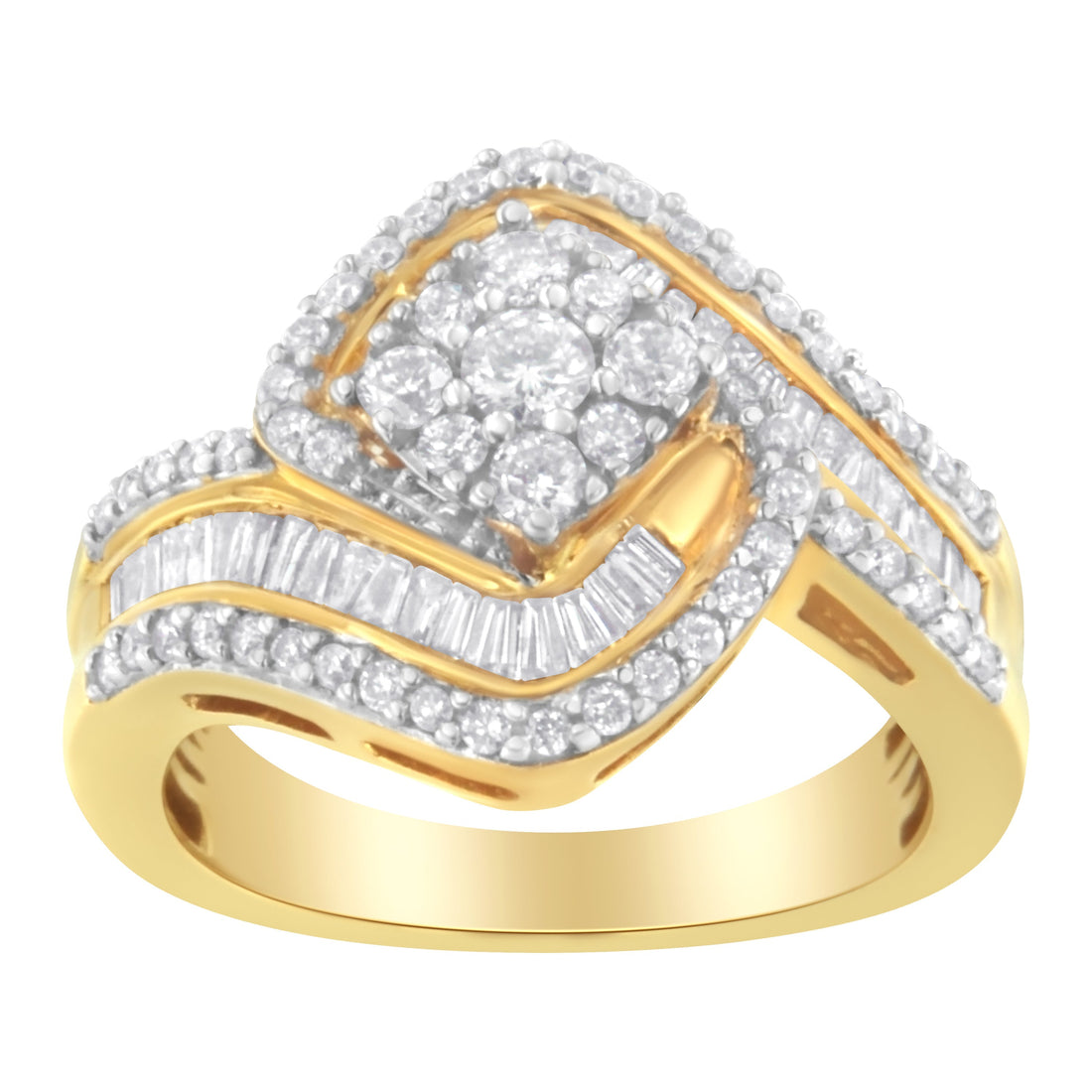 14K Yellow Gold 1.0 Cttw Baguette &amp; Brilliant-Cut Diamond Round Floral Cluster Engagement or Fashion Ring with Swirl Wrapped Triple Row Band (H-I Color, SI2-I1 Clarity) - Size 6-3/4  DestGlow