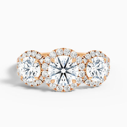 Flora 3 Carat Three Stone Round Halo Lab Grown Diamond Ring in 10k Yellow Gold