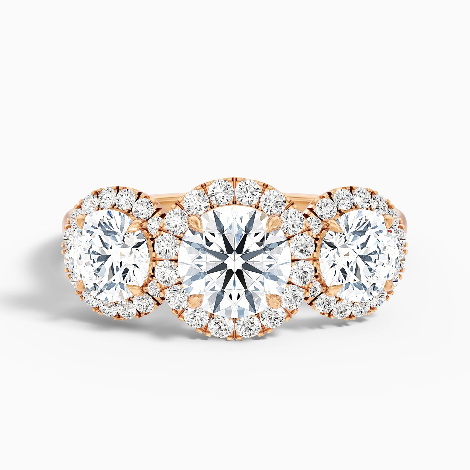 Flora 1 Carat Three Stone Round Halo Lab Grown Diamond Ring in 18k Rose Gold  DestGlow