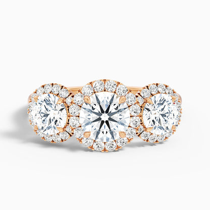 Emma 1.5 Carat Three Stone Round Halo Moissanite Engagement Ring in 14k White Gold