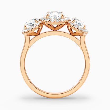Flora 4 Carat Three Stone Round Halo Lab Grown Diamond Ring in 14k Yellow Gold
