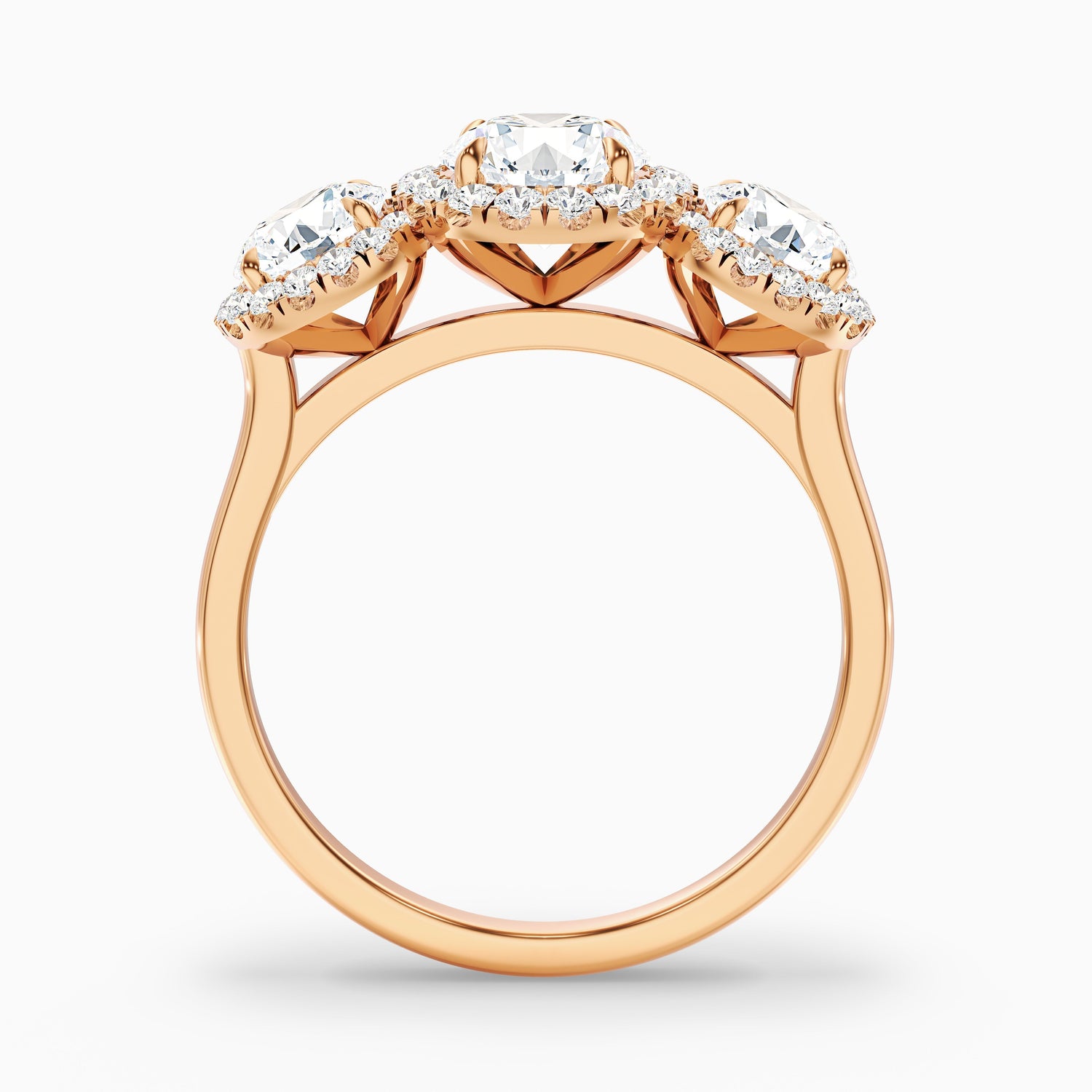 Flora 2.5 Carat Three Stone Round Halo Lab Grown Diamond Ring in 14k Rose Gold