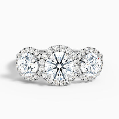 Dara 7 Carat Three Stone Round Halo Moissanite Engagement Ring in 18k White Gold