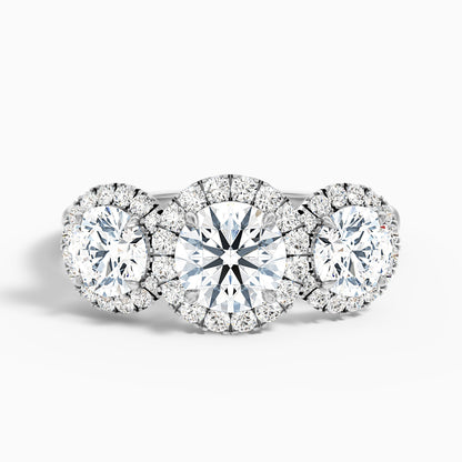 Flora 2 Carat Three Stone Round Halo Lab Grown Diamond Ring in 14k White Gold