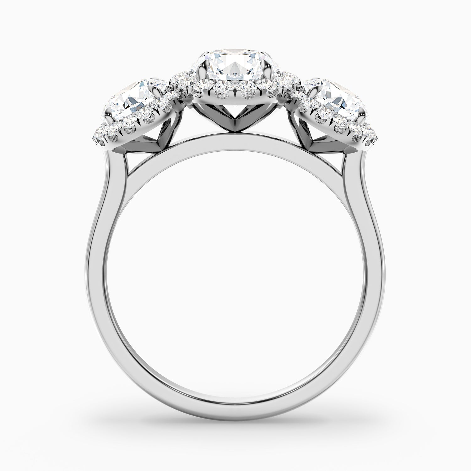 Flora 3 Carat Three Stone Round Halo Lab Grown Diamond Ring in 18k Yellow Gold