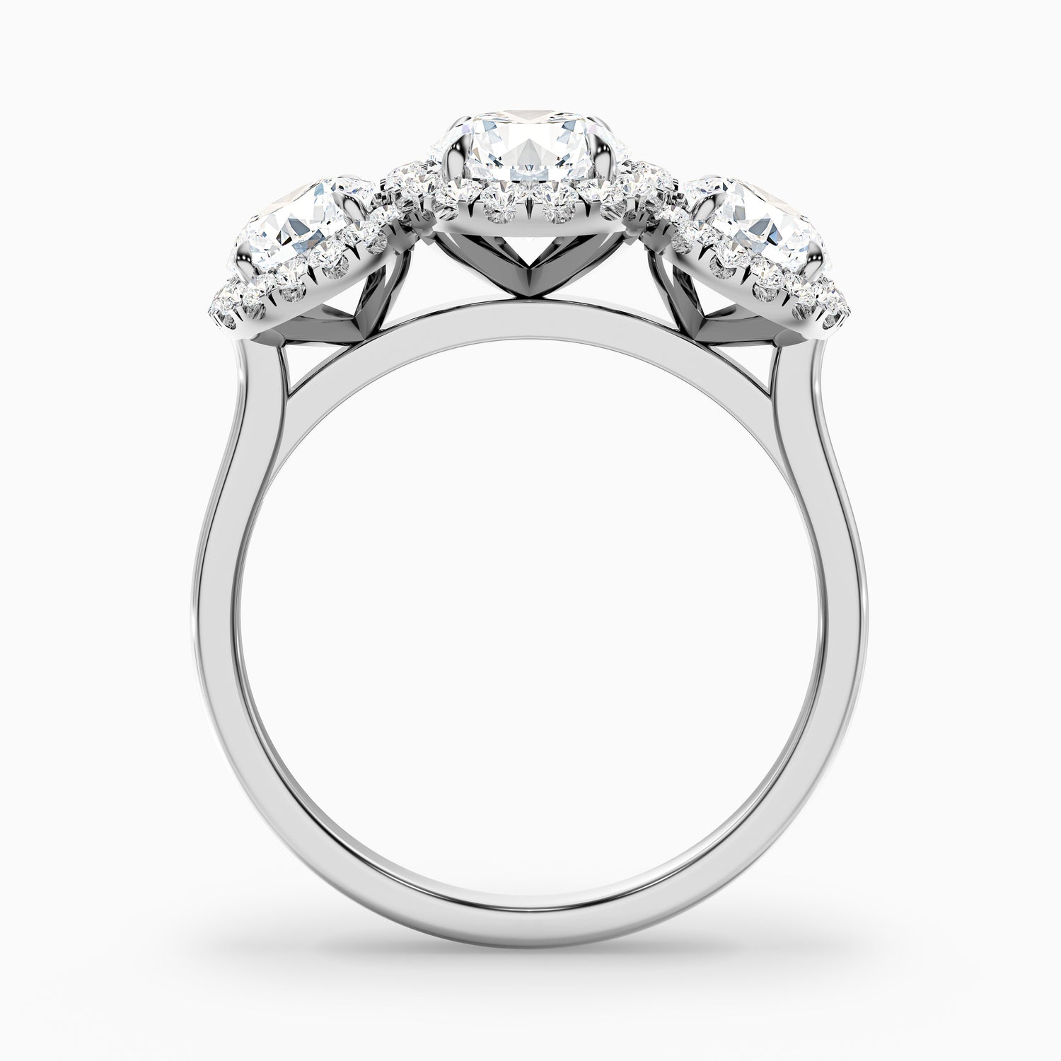 Emma 3.5 Carat Three Stone Round Halo Moissanite Engagement Ring in 14k Yellow Gold