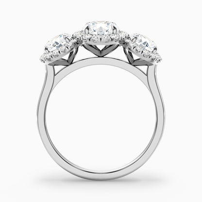Emma 5 Carat Three Stone Round Halo Moissanite Engagement Ring in 18k Rose Gold