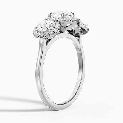 Dara 9 Carat Three Stone Round Halo Moissanite Engagement Ring in 18k White Gold
