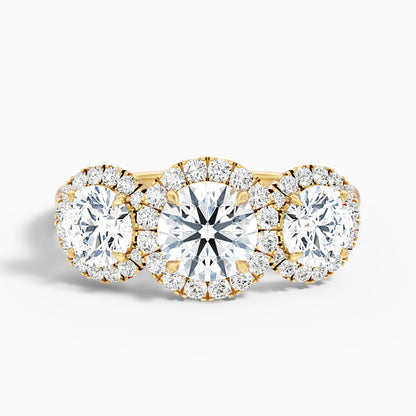 Flora 4.5 Carat Three Stone Round Halo Lab Grown Diamond Ring in 10k Rose Gold