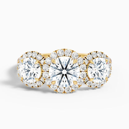 Flora 3 Carat Three Stone Round Halo Lab Grown Diamond Ring in 10k White Gold