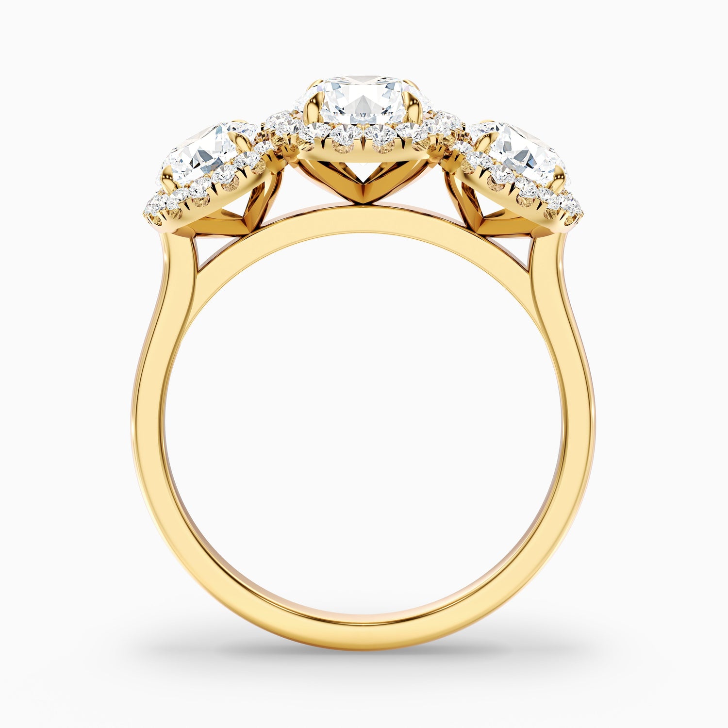 Flora 1 Carat Three Stone Round Halo Lab Grown Diamond Ring in 10k Yellow Gold