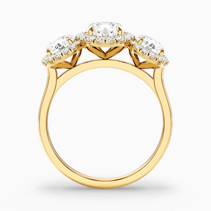 Flora 1 Carat Three Stone Round Halo Lab Grown Diamond Ring in 10k Yellow Gold