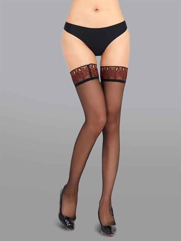 Sexy Peacock Lace Trim Thigh High Stockings