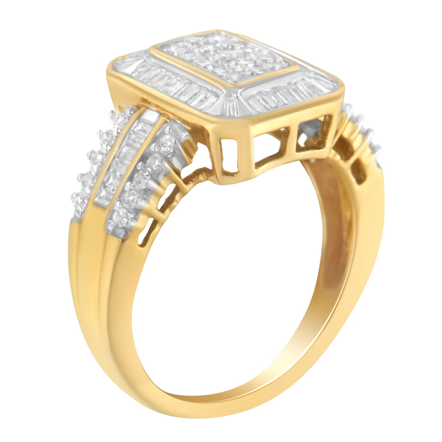 10K Yellow Gold Round and Baguette-Cut Diamond Cluster Ring (1.0 Cttw, I-J Color, SI1-SI2 Clarity) - Size 7 by Bids.com