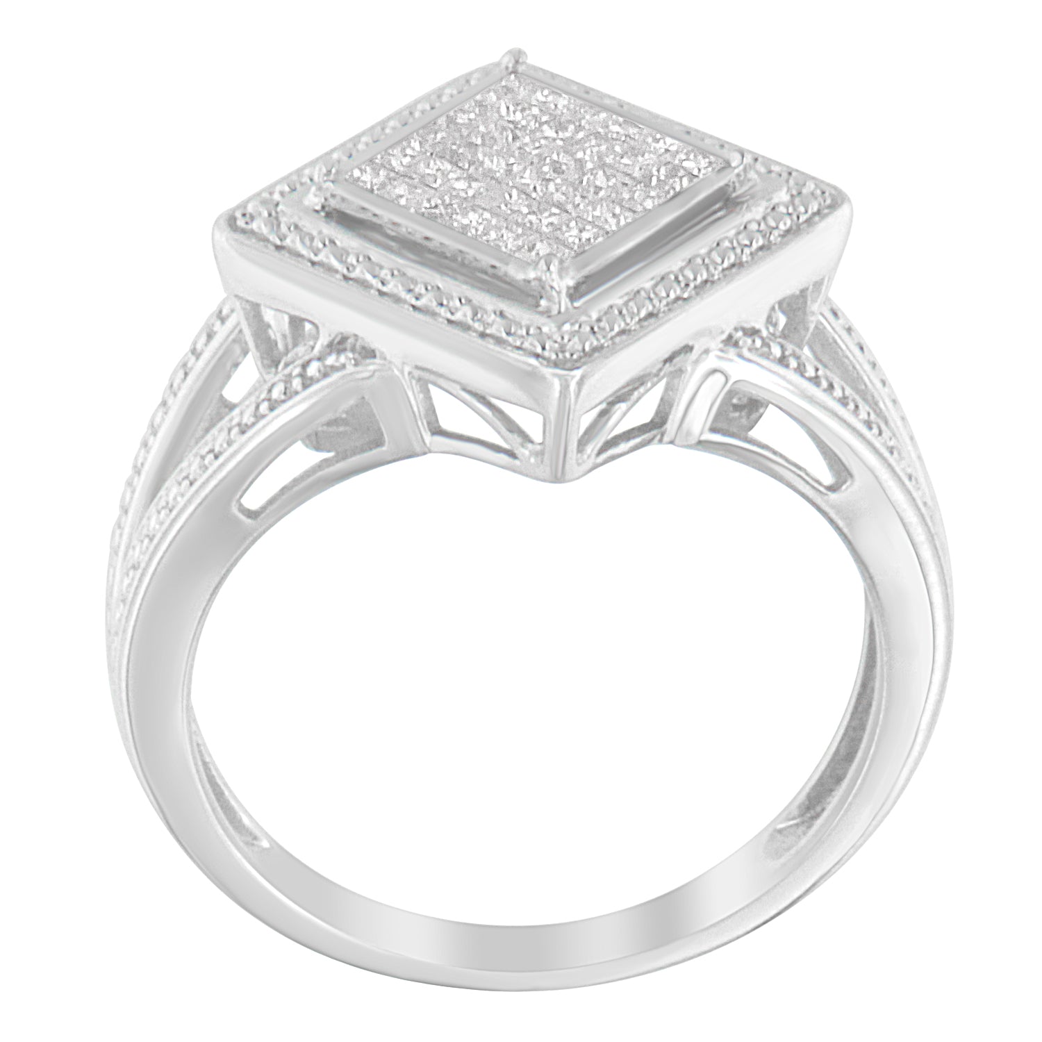 .925 Sterling Silver 1/3 Cttw Invisible Set Princess-Cut Diamond Rhombus and Beaded Halo Ring (H-I Color, SI1-SI2 Clarity) - Ring Size 7 by Bids.com
