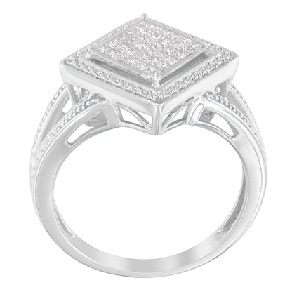 .925 Sterling Silver 1/3 Cttw Invisible Set Princess-Cut Diamond Rhombus and Beaded Halo Ring (H-I Color, SI1-SI2 Clarity) - Ring Size 7 by Bids.com