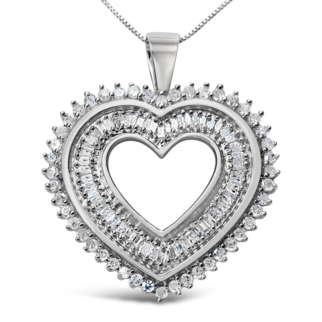.925 Sterling Silver 1.0 Cttw Baguette and Round Diamond Heart Pendant 18" Necklace (H-I Color, I3 Clarity) by Bids.com