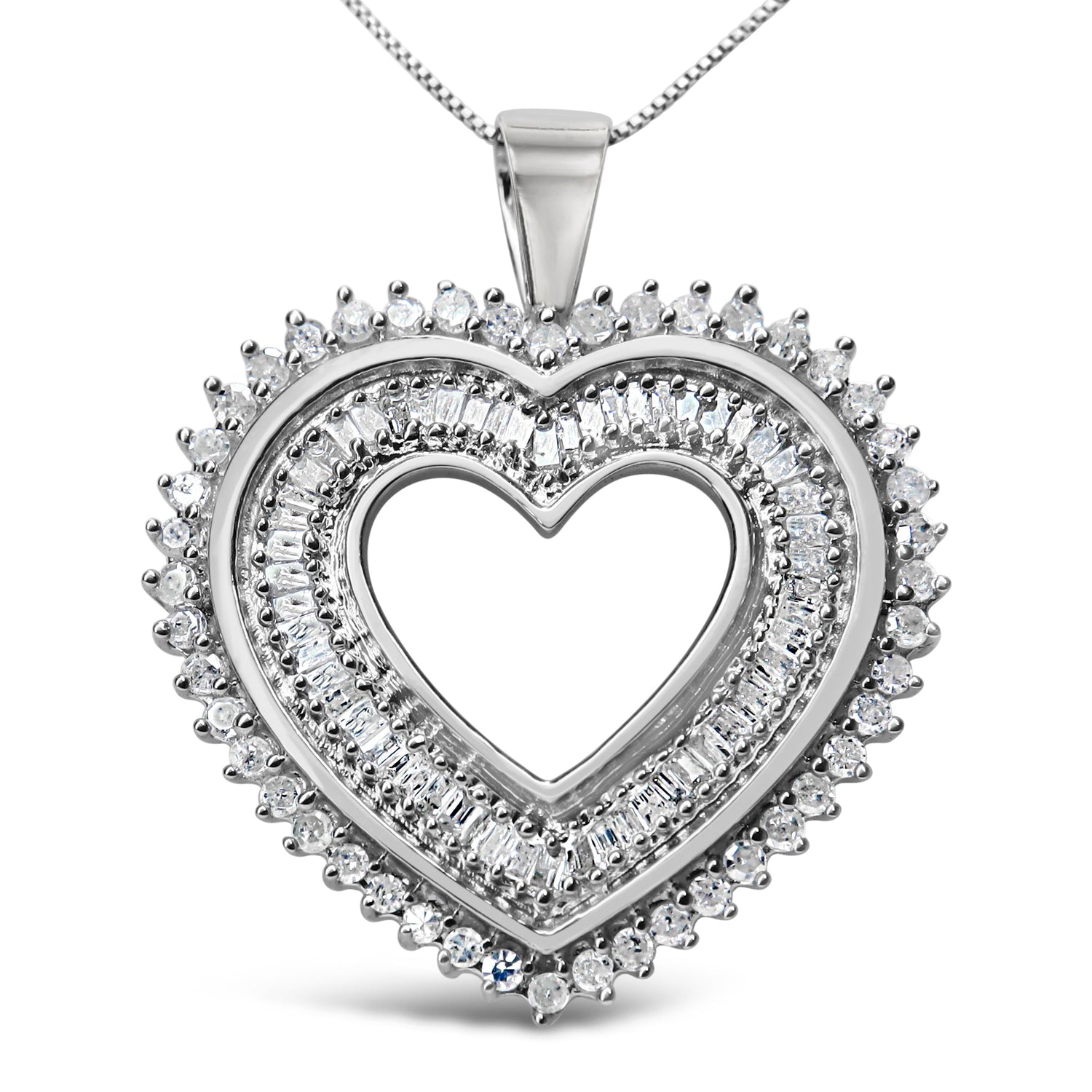 .925 Sterling Silver 1.0 Cttw Baguette and Round Diamond Heart Pendant 18" Necklace (H-I Color, I3 Clarity) by Bids.com