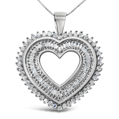 .925 Sterling Silver 1.0 Cttw Baguette and Round Diamond Heart Pendant 18" Necklace (H-I Color, I3 Clarity) by Bids.com