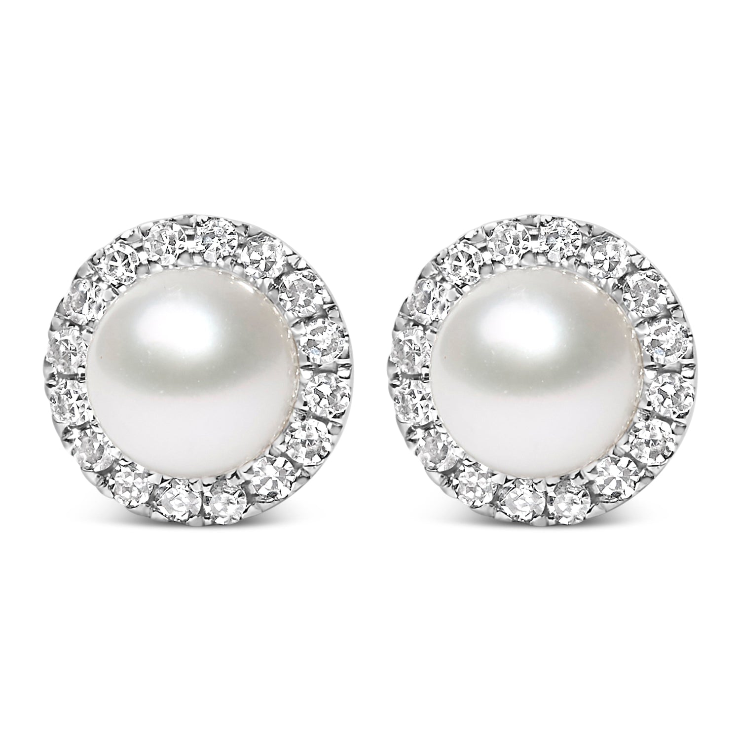 10K White Gold 4.5mm Cultured Freshwater Pearl and 1/7 Cttw Diamond Halo Stud Earring (I-J Color, I1-I2 Clarity) by Bids.com