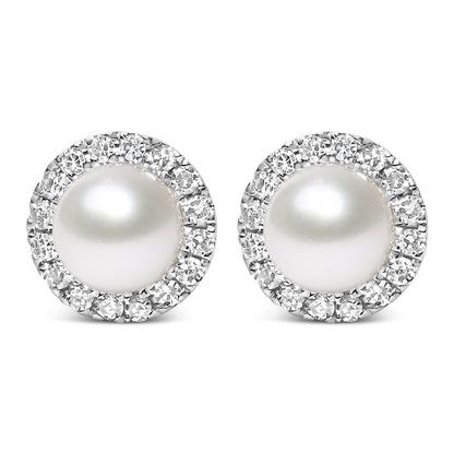 10K White Gold 4.5mm Cultured Freshwater Pearl and 1/7 Cttw Diamond Halo Stud Earring (I-J Color, I1-I2 Clarity) by Bids.com