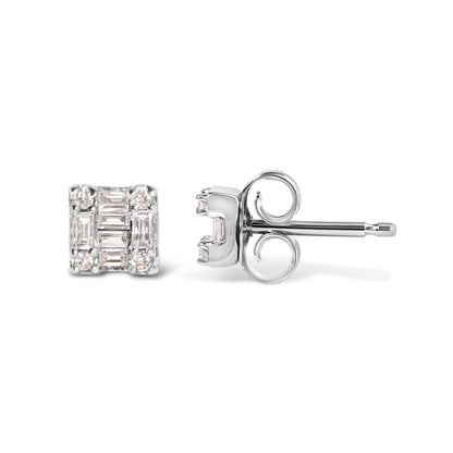 10K White Gold 1/7 Cttw Round and Baguette Diamond Mosaic Square Stud Earrings (H-I Color, I1-I2 Clarity) by Bids.com