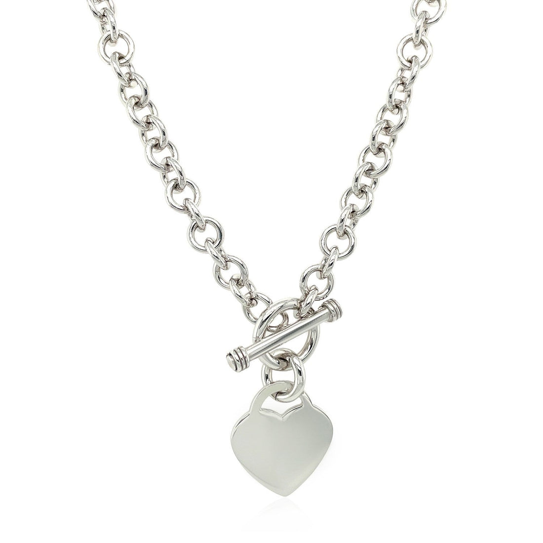 Sterling Silver Rhodium Plated Rolo Chain Necklace with a Heart Toggle Charm by Bids.com