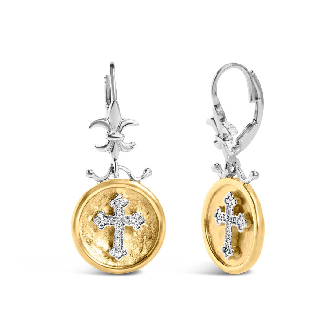 18K Yellow Gold Plated .925 Sterling Silver 1/8 Cttw Diamond Hammered Finished Medallion with Cross Drop and Dangle Earrings (I-J Color, SI1-SI2 Clarity) by Bids.com