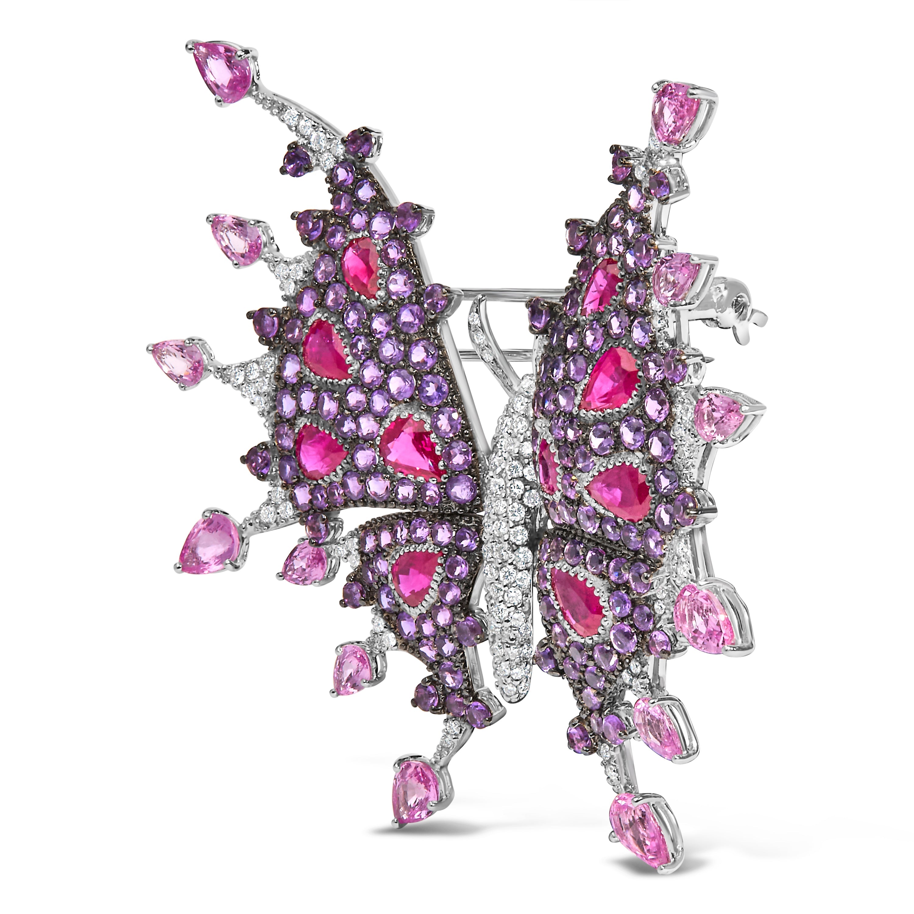 18K White Gold 1.00 Cttw Diamond, Ruby Sapphire, and Amethyst Mixed Gemstone Butterfly Brooch Pin (G-H Color, VS1-VS2 Clarity) by Bids.com