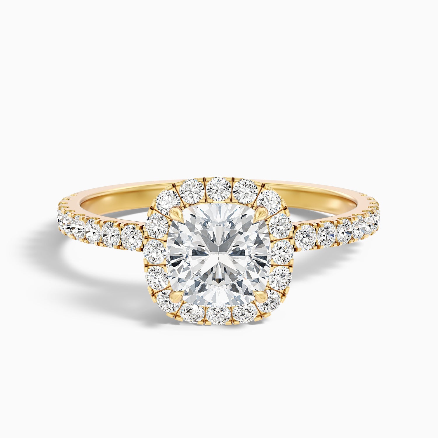 Gina 5 Carat Cushion Cut Halo Pave Moissanite Engagement Ring in 18k Rose Gold