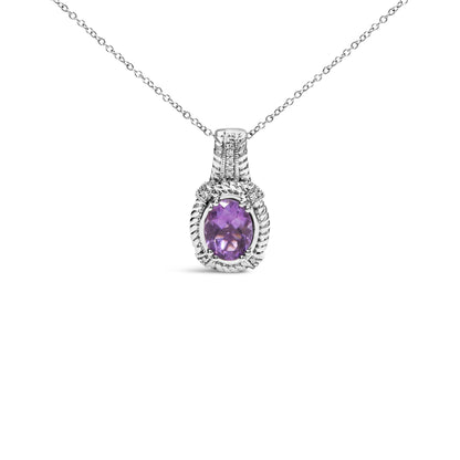 .925 Sterling Silver 9x7mm Oval Purple Amethyst and Round Diamond Accent Fashion Drop Pendant 18 Inch Necklace (I-J Color, I1-I2 Clarity) by Bids.com