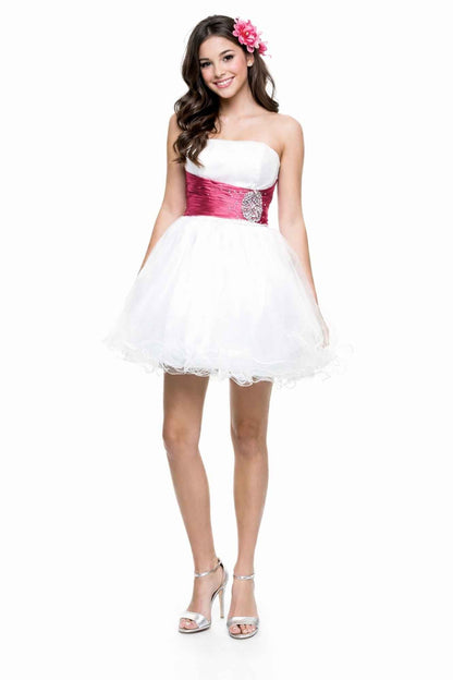 CLEARANCE - Cinderella Divine 077 Short Strapless White Dress Hot Pink Rhinestone Waist Tulle by DiscountDressShop