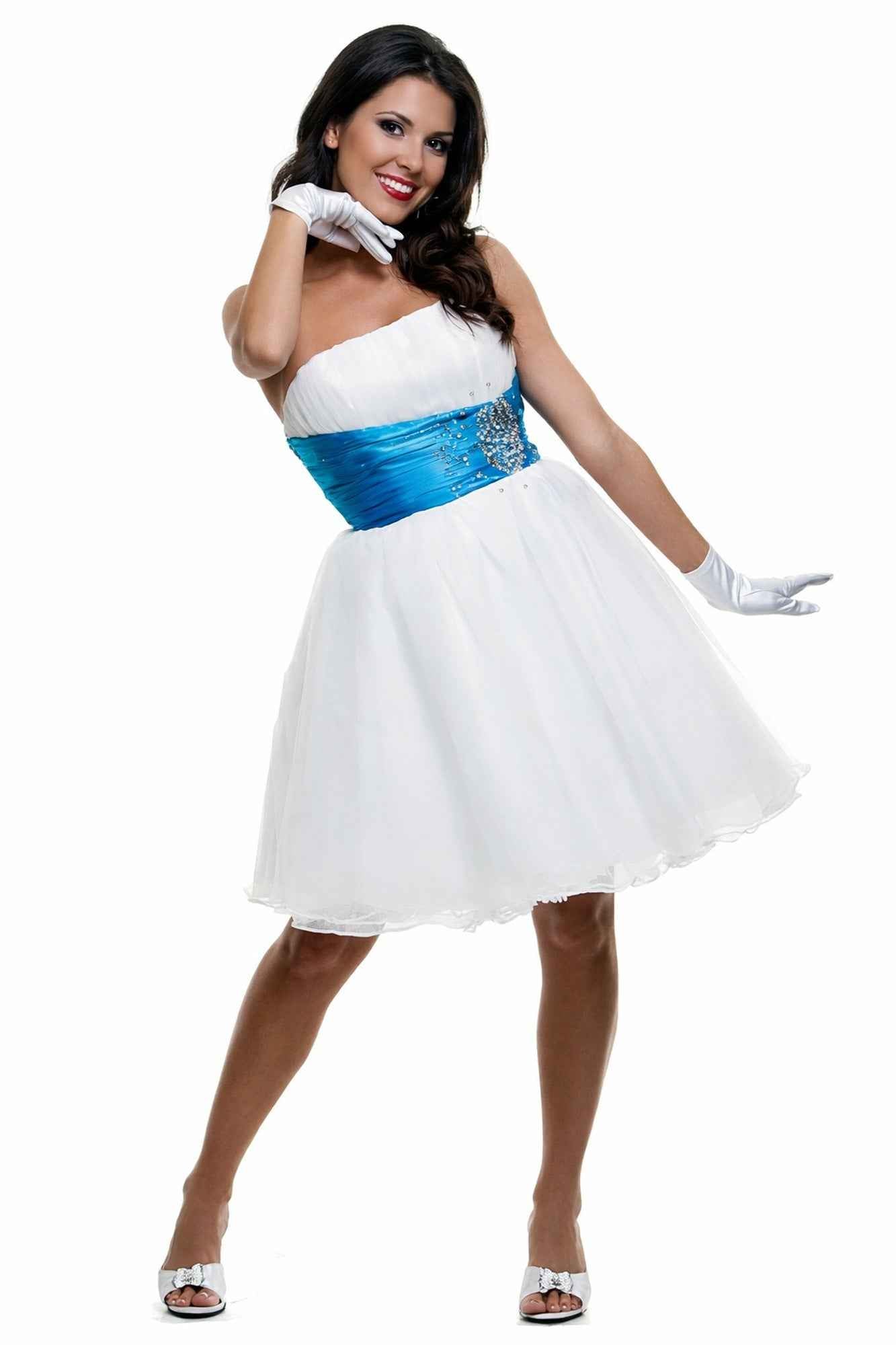 CLEARANCE - Cinderella Divine 077 Short Strapless White Dress Turquoise Rhinestone Waist Tulle (Size 4) by DiscountDressShop