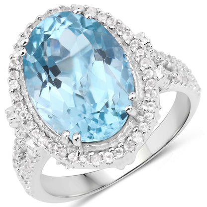 8.15 Carat Genuine Blue Topaz and White Topaz .925 Sterling Silver Ring  DestGlow