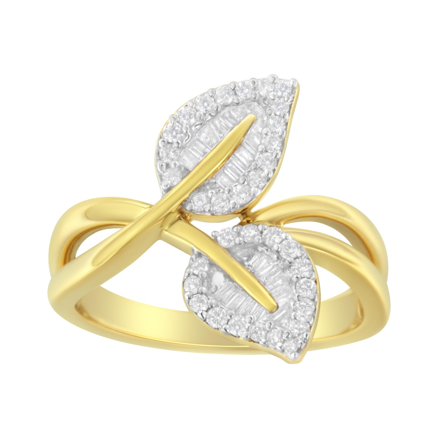 10K Yellow Gold 3/8 Cttw Round and Baguette-Cut Diamond Leaf Cocktail Ring - Size 7 (I-J Color, I1-I2 Clarity) by Bids.com