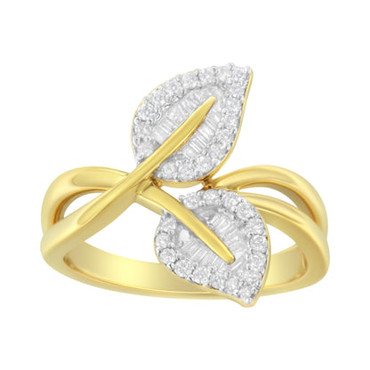10K Yellow Gold 3/8 Cttw Round and Baguette-Cut Diamond Leaf Cocktail Ring - Size 7 (I-J Color, I1-I2 Clarity) by Bids.com