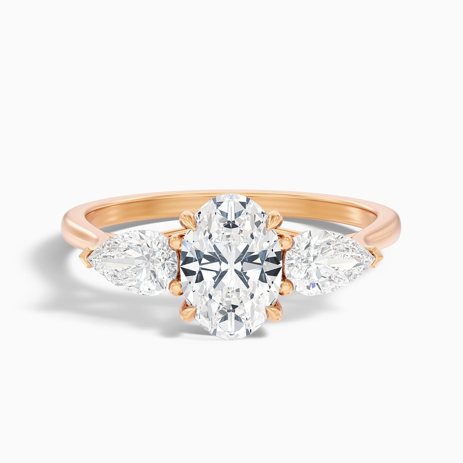 Ceci 10 Carat Three Stone Oval Halo Moissanite Engagement Ring in 18k Rose Gold