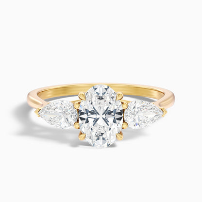 Ceci 6 Carat Three Stone Oval Halo Moissanite Engagement Ring in 14k Yellow Gold