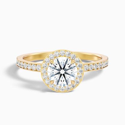 Nyra 5 Carat Round Halo Pave Moissanite Engagement Ring in 14k Yellow Gold