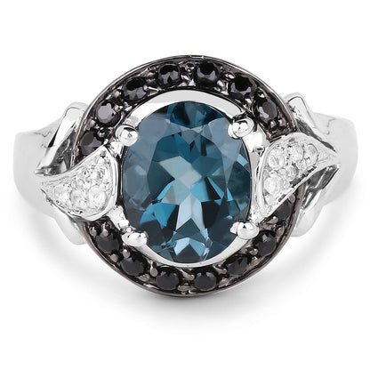 4.27 Carat Genuine London Blue Topaz, Black Spinel &amp; White Topaz .925 Sterling Silver Ring by Bids.com
