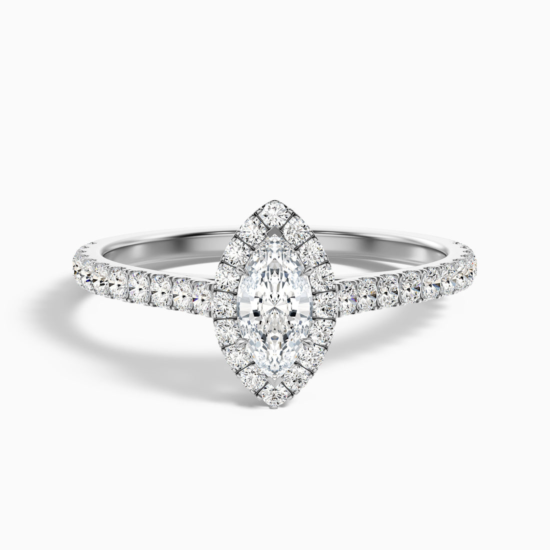 Cara 10 Carat Marquise Halo Pave Moissanite Engagement Ring in 18k White Gold  DestGlow