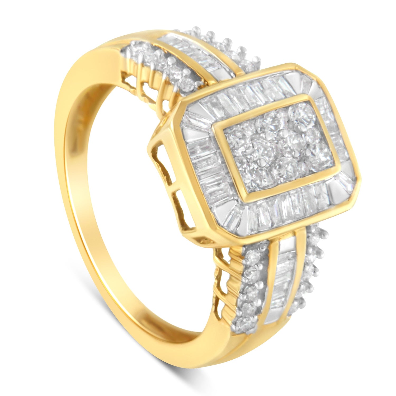 10K Yellow Gold Round and Baguette-Cut Diamond Cocktail Ring (1.0 Cttw, H-I Color, SI2-I1 Clarity) - Size 7 by Bids.com